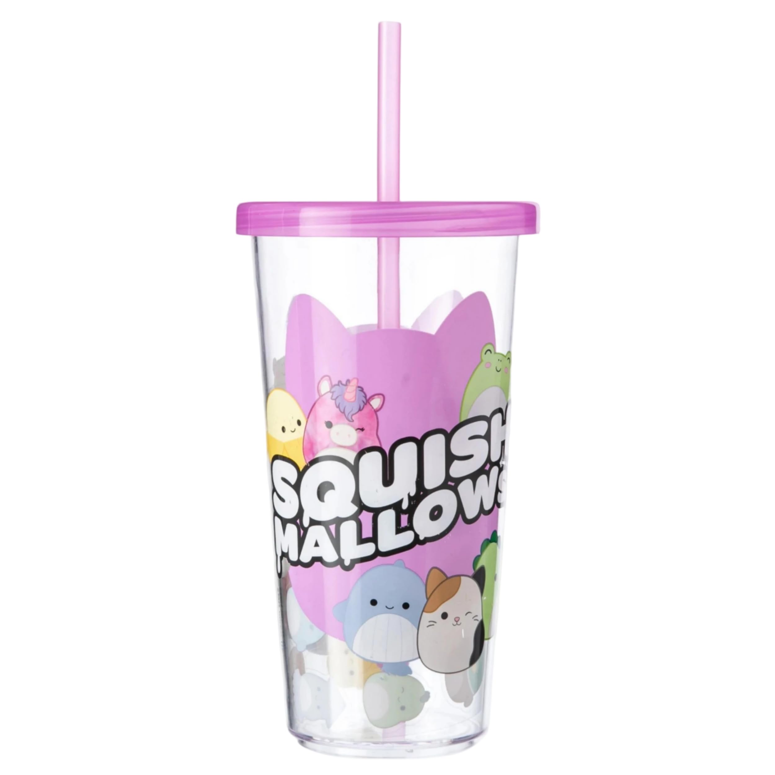 Squishmallows Doodle Soda Cup and Sticker Set - 600 ml Reusable Tumbler with Removable Straw, White, 9.5 cm (W) x 23 cm (H)