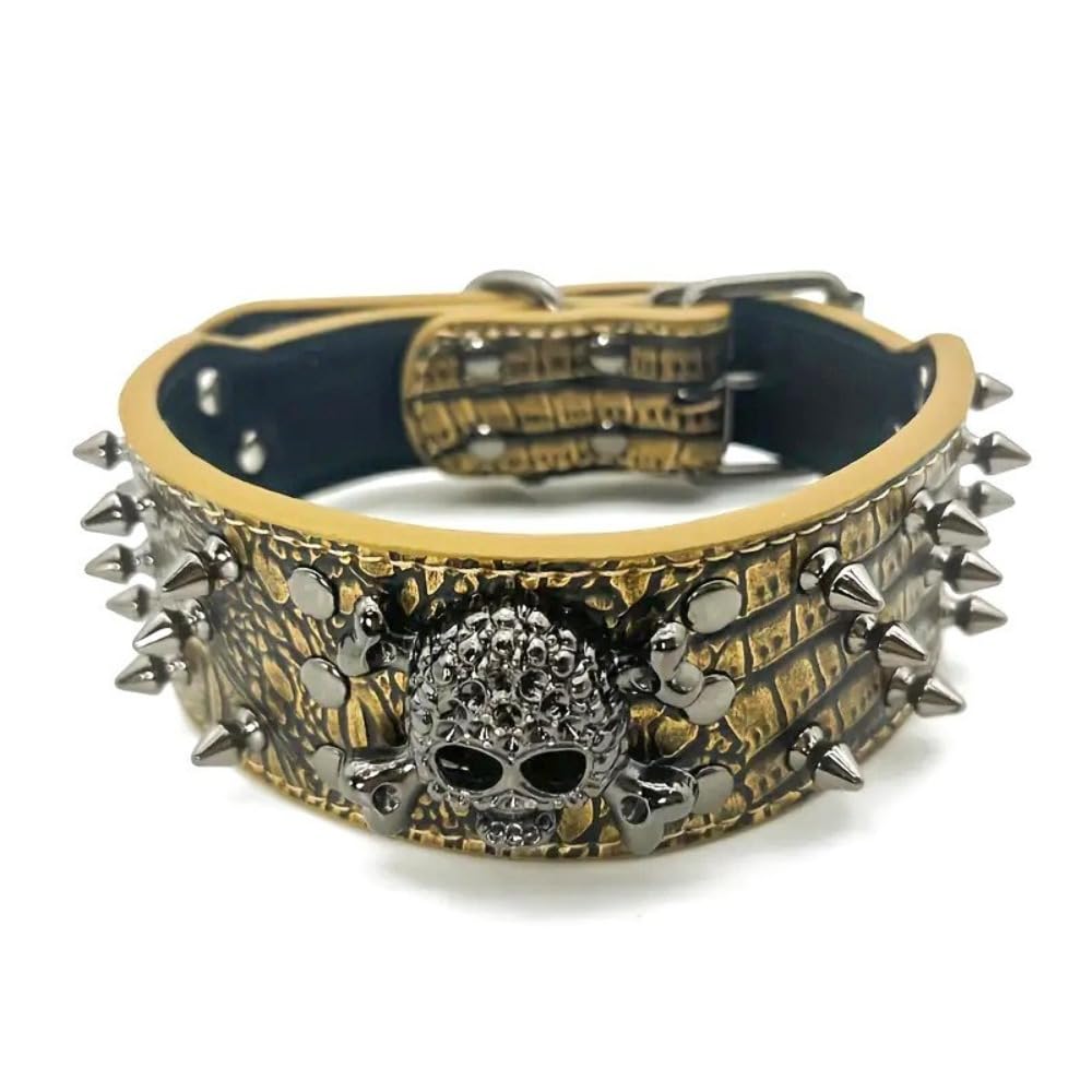 Skull Rivet Pet Collar,Sharp Spiked Studded Dog Collar,Stylish Leather Halloween Dog Collar for Medium & Large Dogs Pitbull,Labrador,Boxer (Brown, L(Neck19-22in))