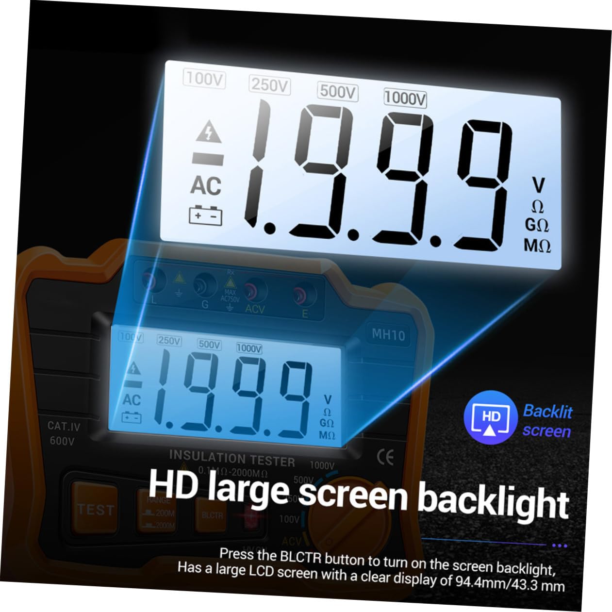 ABOOFAN Medidor Digital de Resistencia de Aislamiento Megóhmetro Pantalla Lcd, Comprobador Eléctrico Portátil Naranja, para Mantenimiento y Prueba de Equipos Industriales