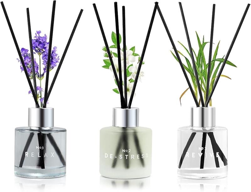 Paquete de 3 difusores de caña de fragancia, 50 ml de lavanda, jazmín, hierba de limón | Juego de difusor de aromaterapia con 12 varillas de fibra negra, ambientador para dormitorio, baño, oficina, 8,2x6,6x2,1 pulgadas