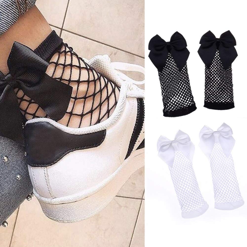 EPRHY Women Fishnet Socks 2Pairs Soft Fashion Sexy Mesh Lace Fishnet Short Ankle Socks with Bowknot, White+Black