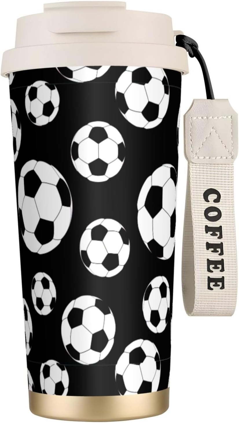 Soccer Black Print Leakproof Insulated Coffee Mug,Stainless Steel Dual Drink Travel Tumbler,17 OZ