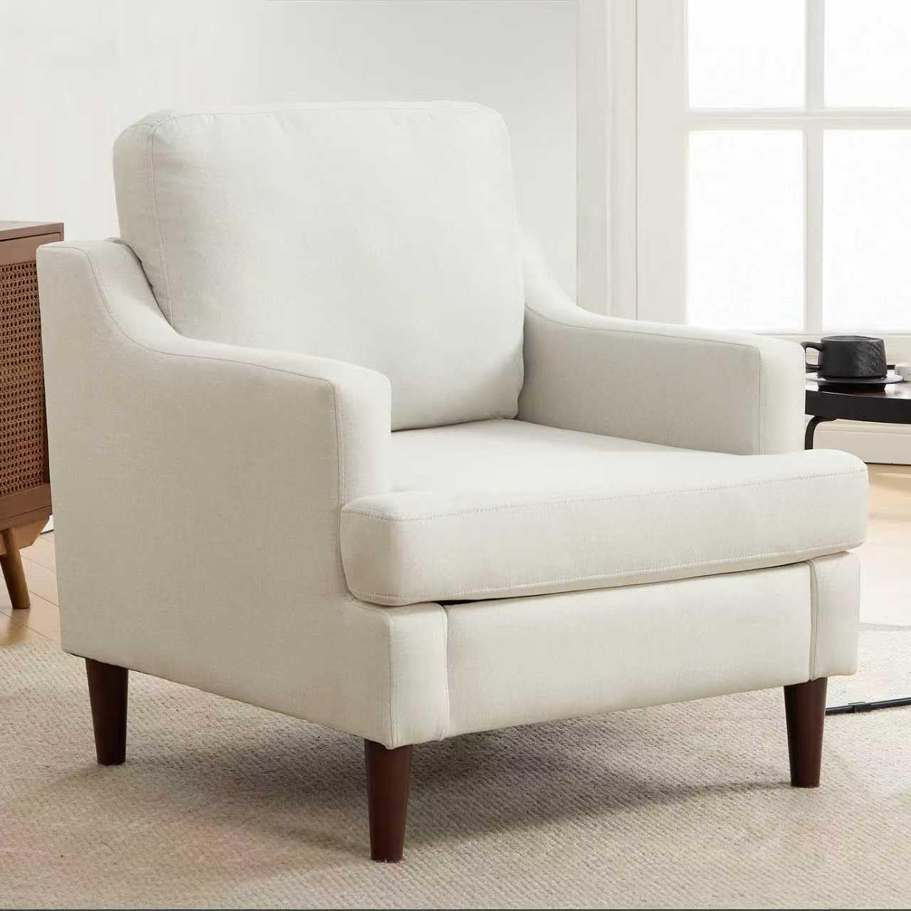 Ketaiyou Mid-Century Accent Chair Modern Linen Fabric Armchair for Living Room,Comfy Upholstered Reading Chairs for Bedroom,Single Sofa Chair with Wood Legs (Linen Beige, Set of 1)