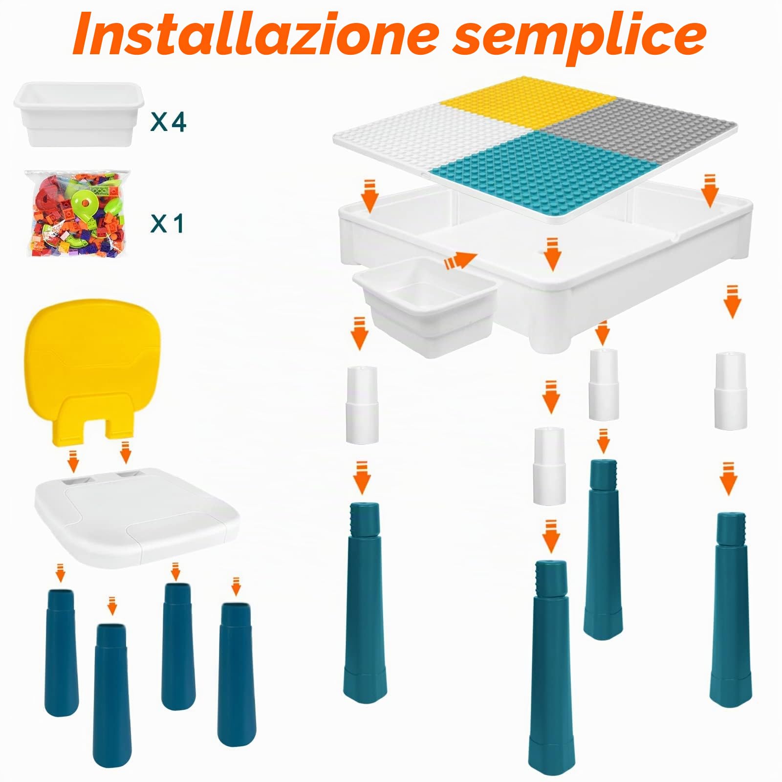 LZQ Tavolo per bambini con sedie 6 in 1 Tavolo da Costruzione per bambini, set di mattoncini da costruzione, tavolo da gioco con spazio per riporre oggetti