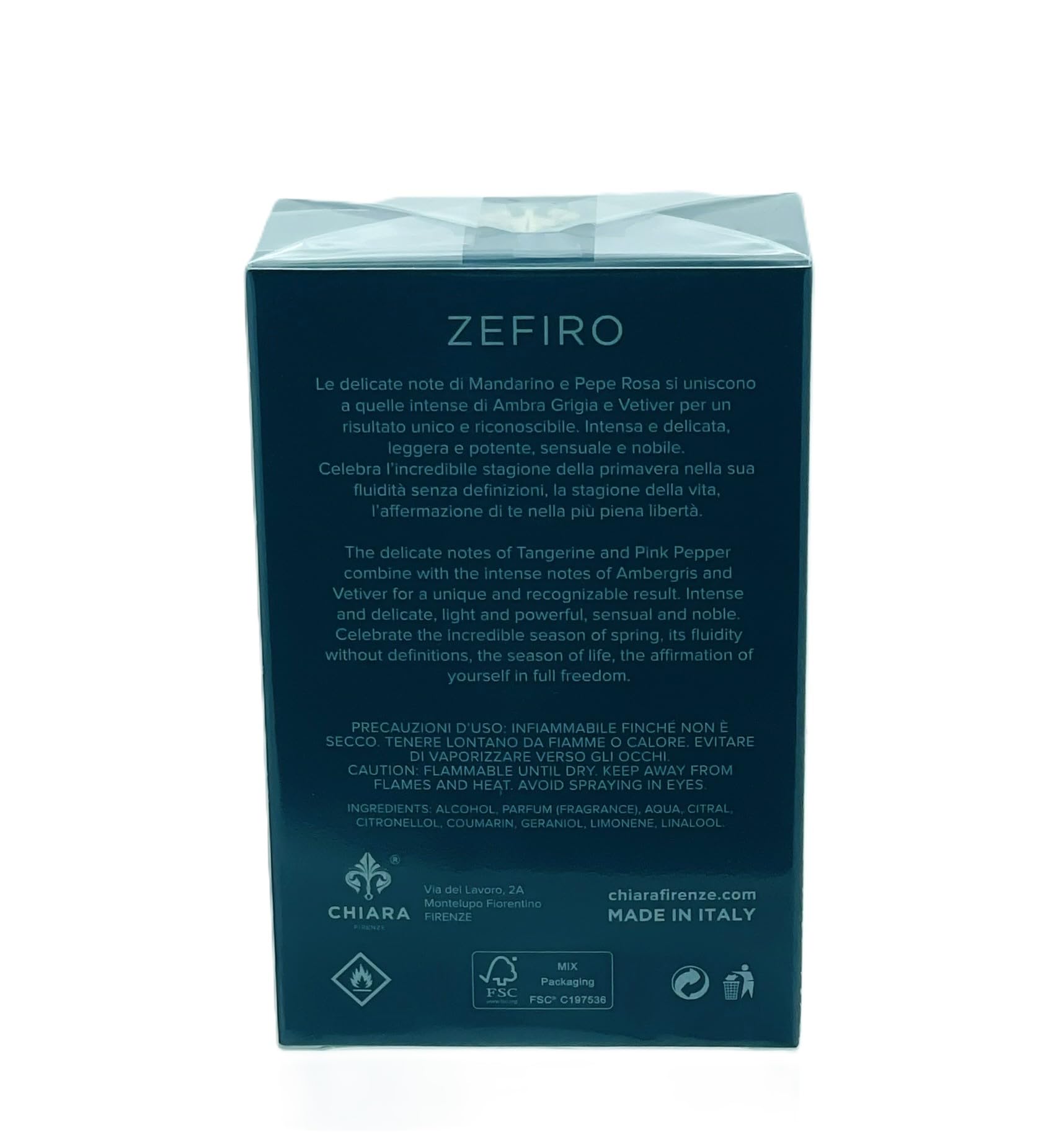 Chiara Firenze - Eau de Parfum Zefiro 100ml - Made in Italy - Fragranza Mandarino - Pepe Rosa - Ambra Grigia - Vetiver