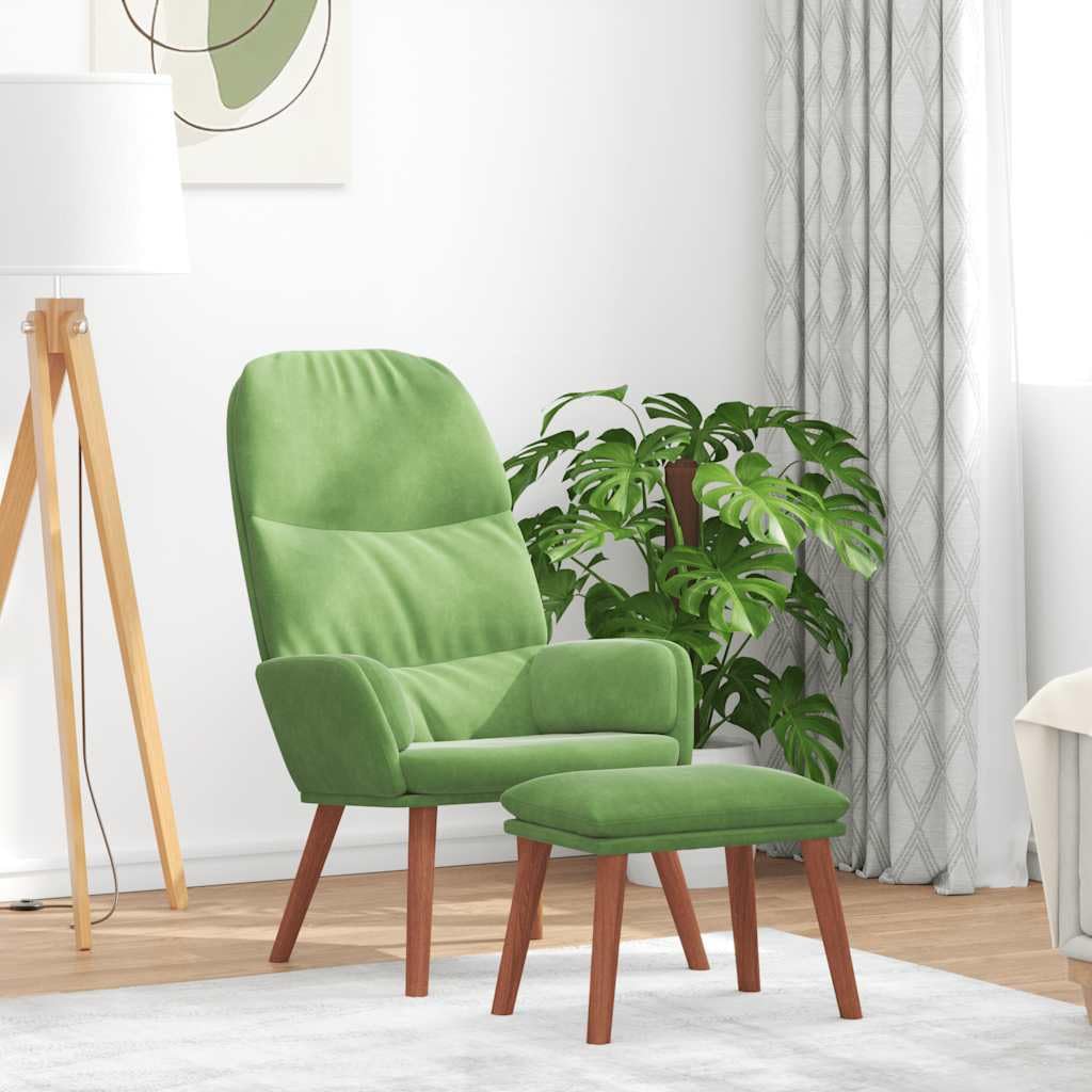 Fotel relaksacyjny z taboretem, jasnozielony, aksamitny fotel tapicerowany z wypełnieniem piankowym, 70 x 77 x 98 cm, do salonu i sypialni, komfort siedzenia i stabilność