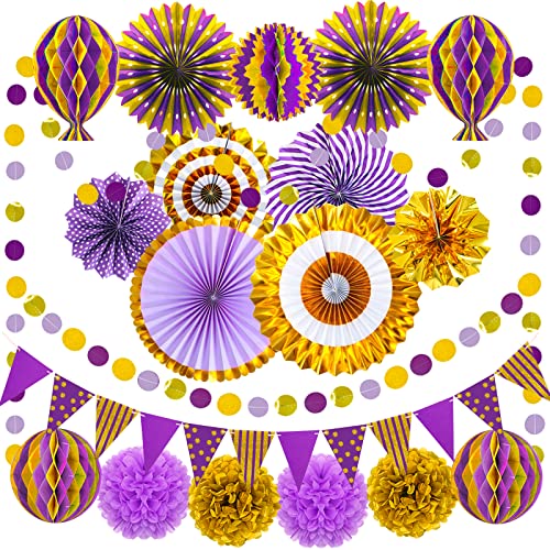 Purple Gold Party Decorations, Graduation Season Hanging Paper Fans Honeycomb Balls Dot Garland Glitter Triangle Flags Pennants for Purple Theme Birthday Lavender Gender Neutral Baby Shower