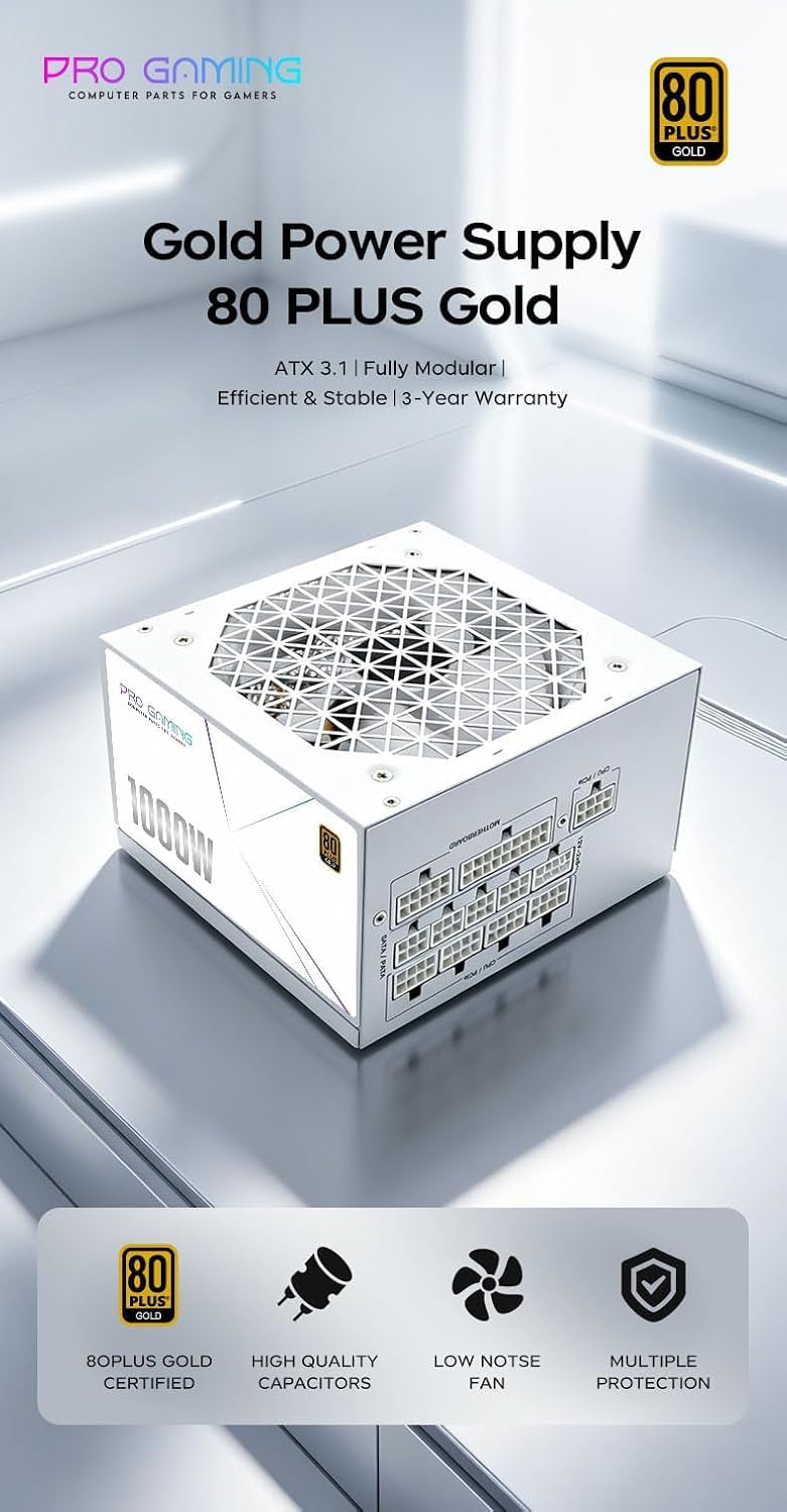 Alimentatore PC ATX ProGaming 1000W 80 Plus Gold, Completamente Modulare, PCIe 5.0, Connettore a 16 Pin 12VHPWR, PFC Attivo, DC-DC, Condensatori Giapponesi, Ventola da 120 mm I-Stop, Bianco