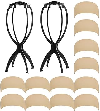Sotica 2pcs Short Wig Stand Holder and 12pcs Wig Caps for Women Men | Stocking Beige Caps for Wigs
