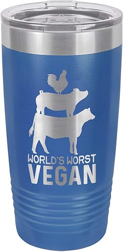 WORLDS WORST VEGAN BLUE Vaso de bebida de 20 oz con pajita Taza de viaje grabada con láser con citas para asar Comparar con Yeti Rambler La mejor