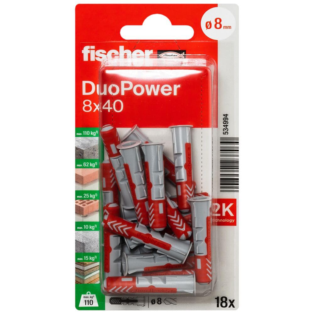 534994 Blister Pack Plug Duopower 8x40 K for Fixings in Hollow Building Materials, Aerated Concrete & for Bridge Plaster.