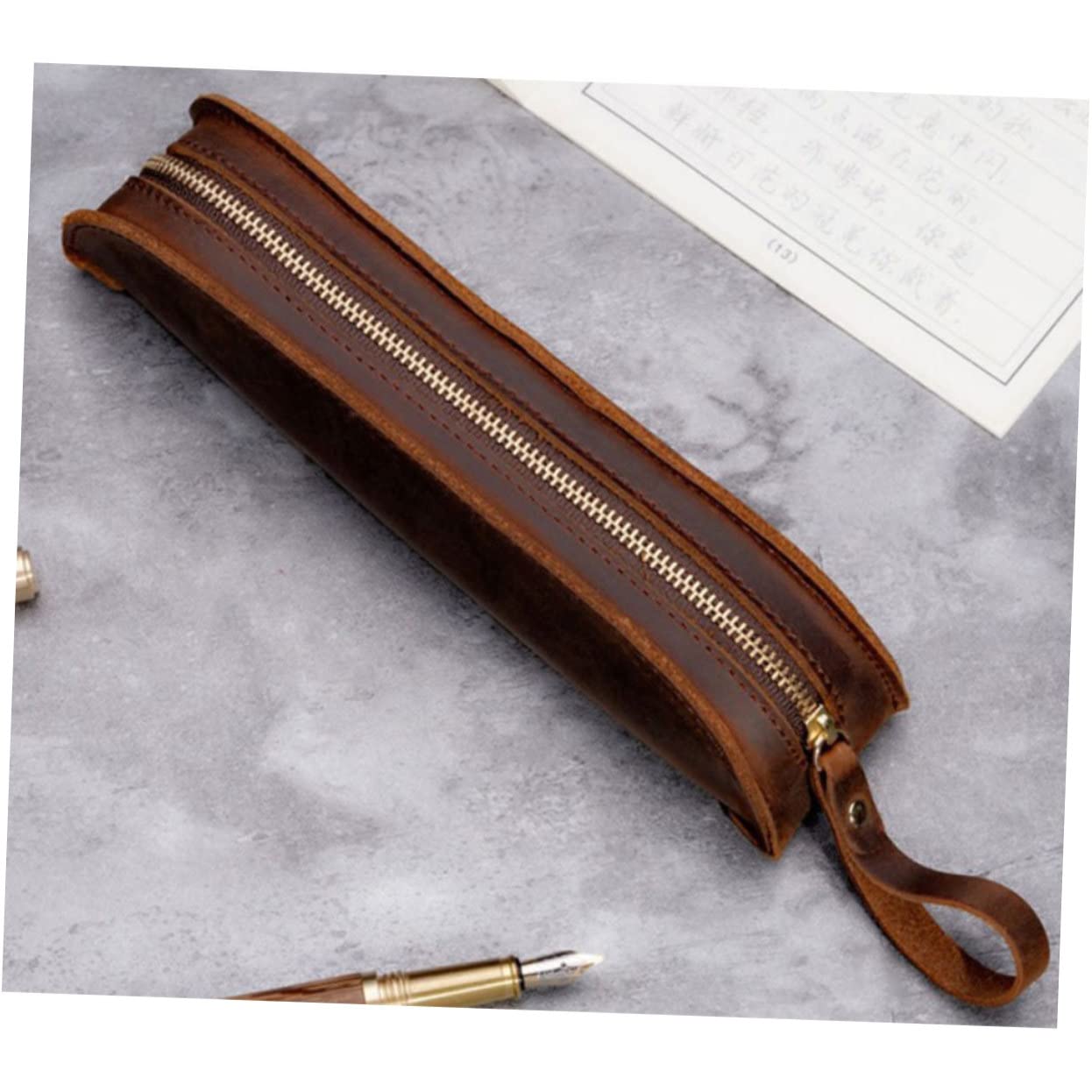 STOBOK Estuche para Bolígrafos Estilo Retro Hecho A Mano con Cremallera para Pluma Estilográfica para Uso Comercial O Informal