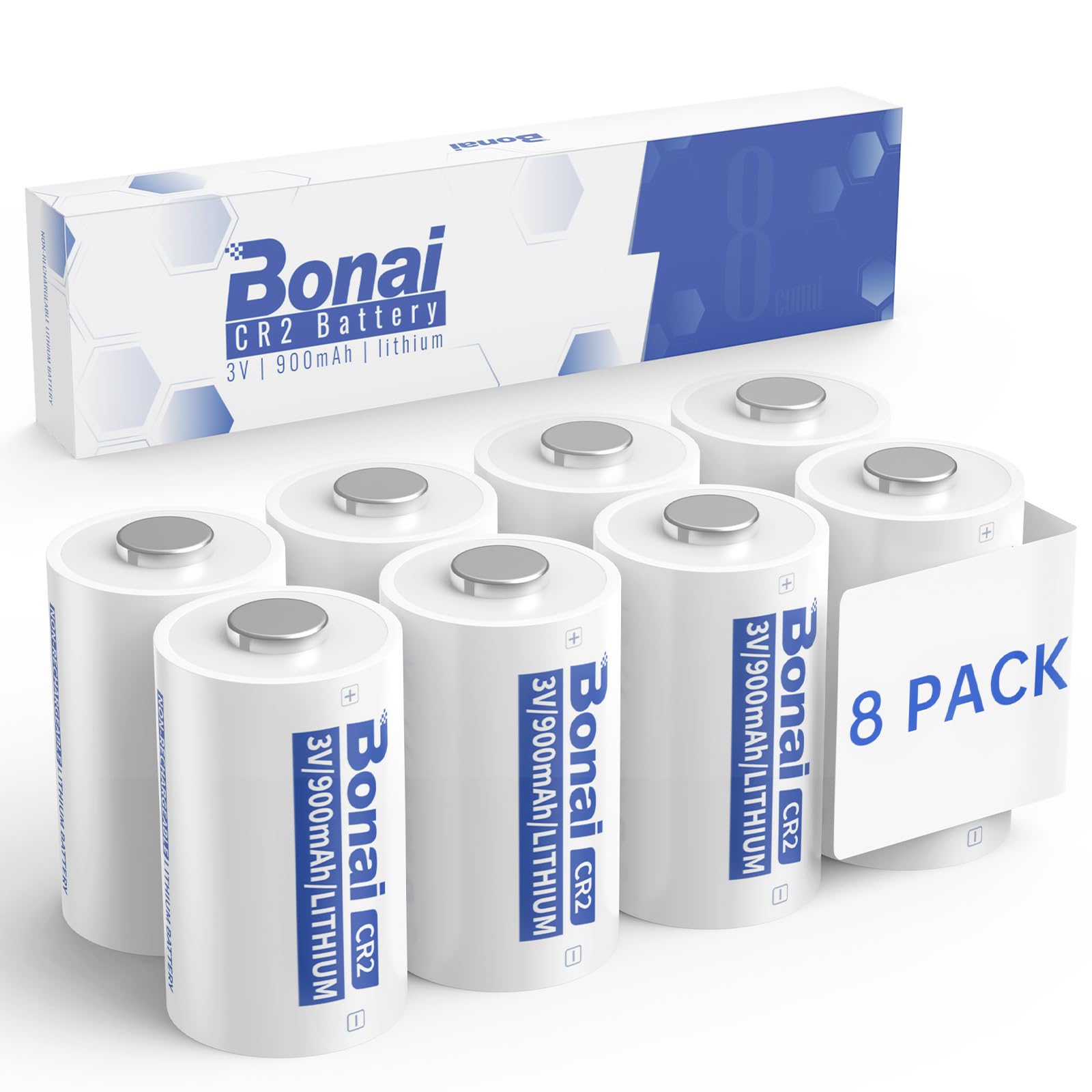 BONAI CR2 3V Lithium Batteries 8 Pack, 900mAh High-Capacity for Cameras, Golf Rangefinders, Smart Sensors & More (10-Year Shelf Life, Non-Rechargeable)