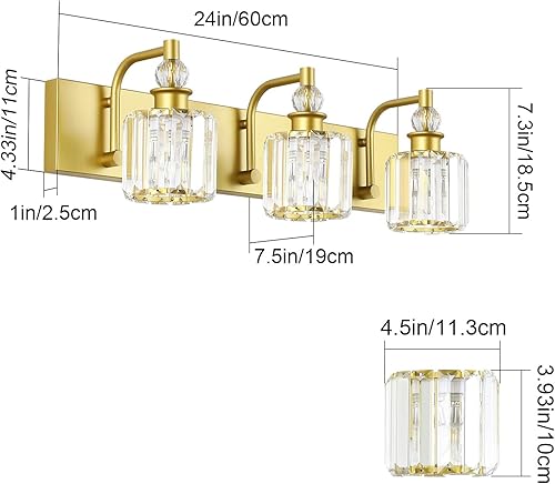 Miniatura 6 de Ralbay Lámpara de tocador de cristal, 3 luces de tocador de baño de cristal dorado claro sobre espejo moderno dorado