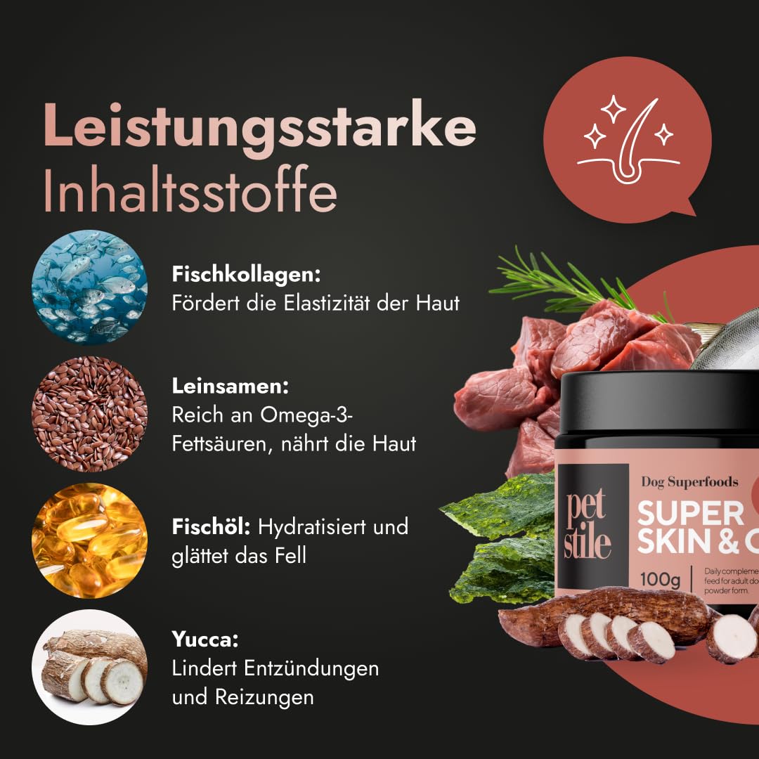 Super Skin & Coat – Natürliches Supplement für Hunde mit Fischkollagen, Leinsamen & Fischöl – unterstützt Haut, Fell, Regeneration & reduziert Entzündungen (100 g (3er Pack))