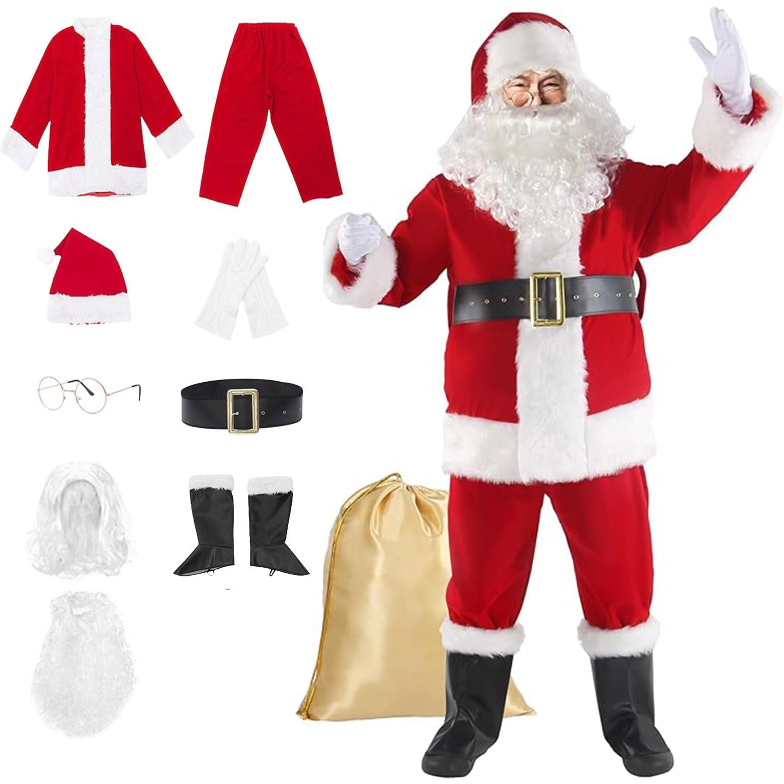 10 Pcs Luxury Christmas Santa Costume Adult Mens Vintag Red Plush Santa Suit Santa Claus Outfits with Gift Bag X-Large