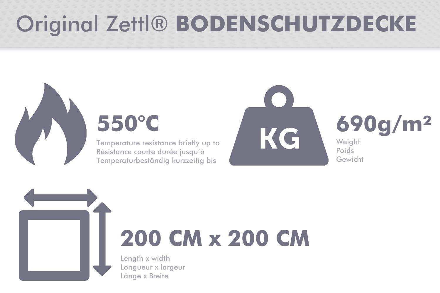 Zettl Koc ochronny do podłóg do 550 ° C, jako ognioodporna podstawa do kominka, koc grillowy lub mata grillowa, oryginalna mata ochronna odporna na ciepło 2m x 2m