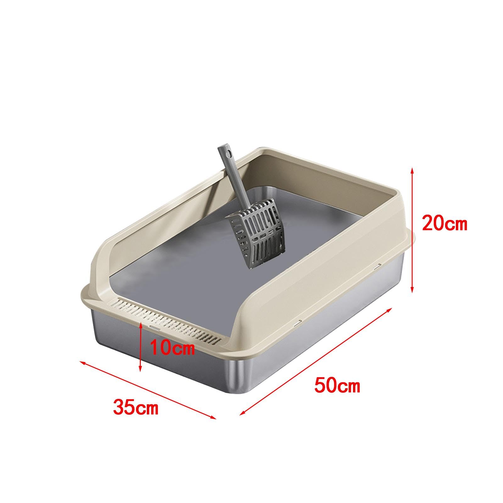 Katzentoilette Edelstahl Katzenklo mit Schutzrand Metall Katzenstreu Pfanne Sandkasten Schale mit Griff für Kätzchen Erwachsene Katzen für Innenräume, Khaki und M