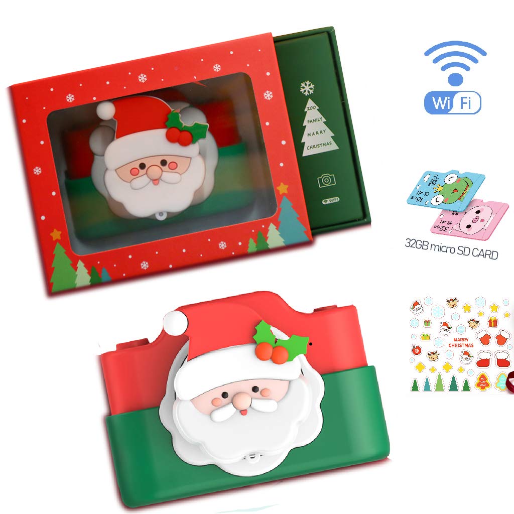 Kids Digital Camera Dual Lens WiFi+APP 24 Megpixel 2.0 Inches IPS Screen Catoon Protective Silicon Case (Santa, w/32GB Memory Card)