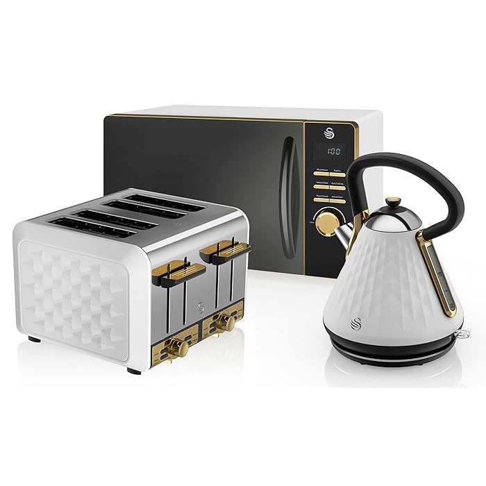 Buy Swan Gatsby 800W Microwave, 1.7L Pyramid Kettle and 4Slice Toaster Set in White, Gold