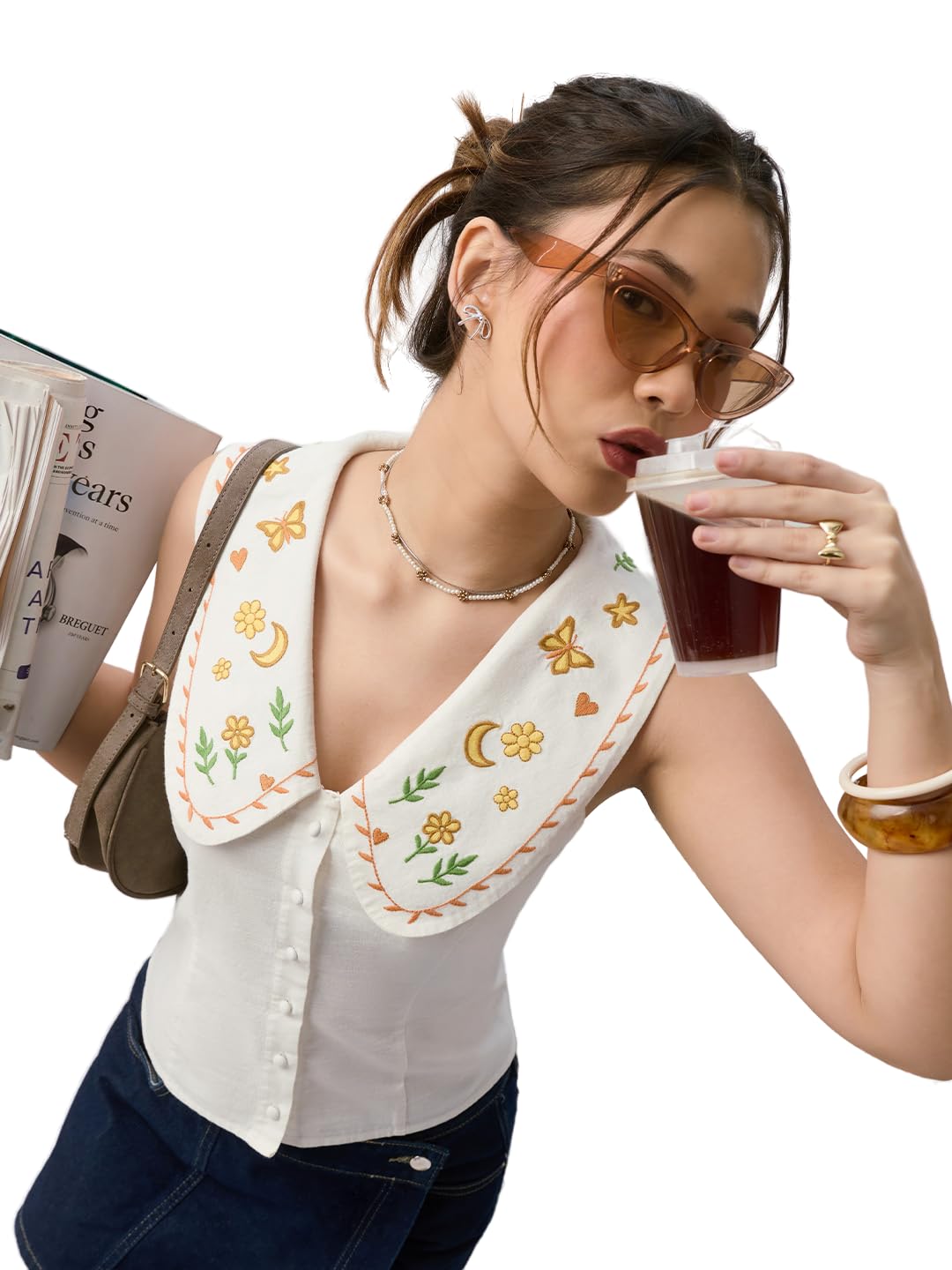 The Souled Store Sunny Bloom: Women and Girls Sleeveless Spread Collar White Embroidered Cotton Regular Fit Breathable Celestial Natureverse Summer Casual Tops in white