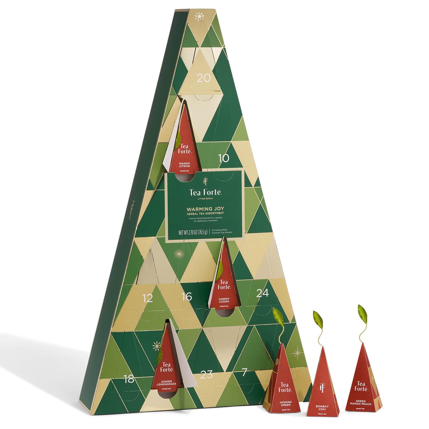 Tea ForteWarming Joy Holiday Herbal Tea Advent Calendar, Gift Set of 24 Pyramid Infuser Tea Bags with Numbered Calendar