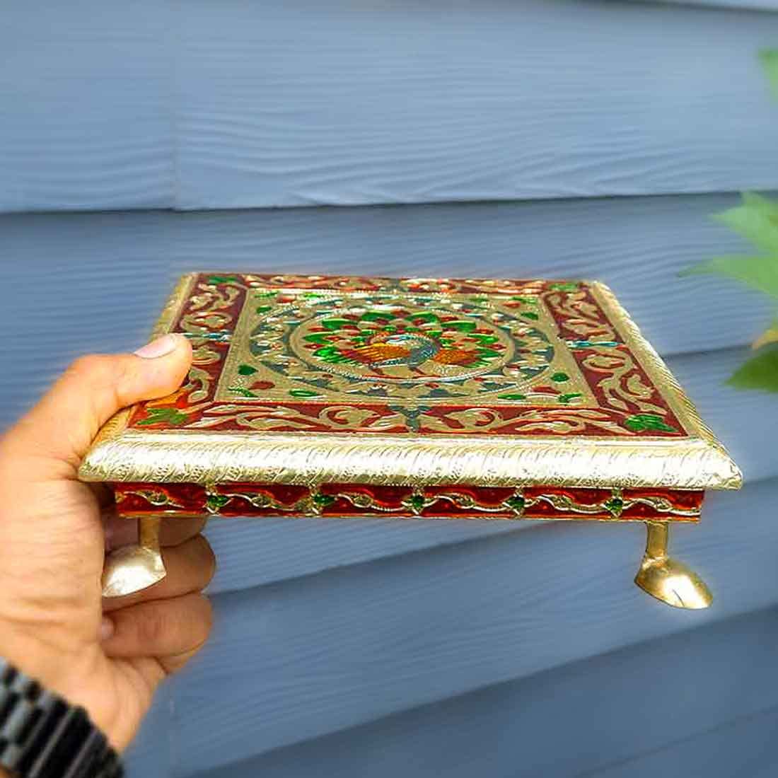 APKAMART The Online Shop Pooja Chowki Bajot | Minakari Chauki, Pooja Bajot (8 Inch; Multicolour) for Religious Decor & Gift Article, Wood 1