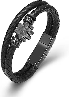 Hearbeingt Dog Paw Urn Bracelet for Ashes Braided Leather Cremation Jewelry for Ashes for Dog Cat Keepsake Bangle(Black 22cm)