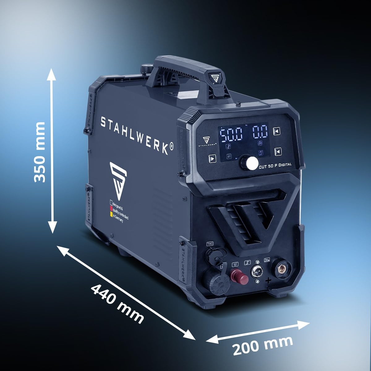STAHLWERK Plasmaschneider CUT 50 P Digital – Plasmaschneidgerät mit 50 A, Schneidleistung bis 20 mm, HF-Pilotzündung, THC-Schnittstelle für CNC-Höhenregelung, Inverter Plasma Cutter