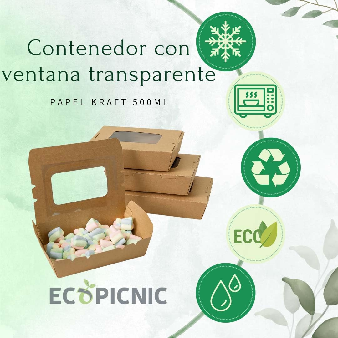 Lunchbox de Papel Kraft con Ventana Transparente y Tapa 200 Unidades 500 ml | Caja desechable de cartón Kraft con Ventana, Ideal para Comida para Llevar, ensaladas, postres y Snacks