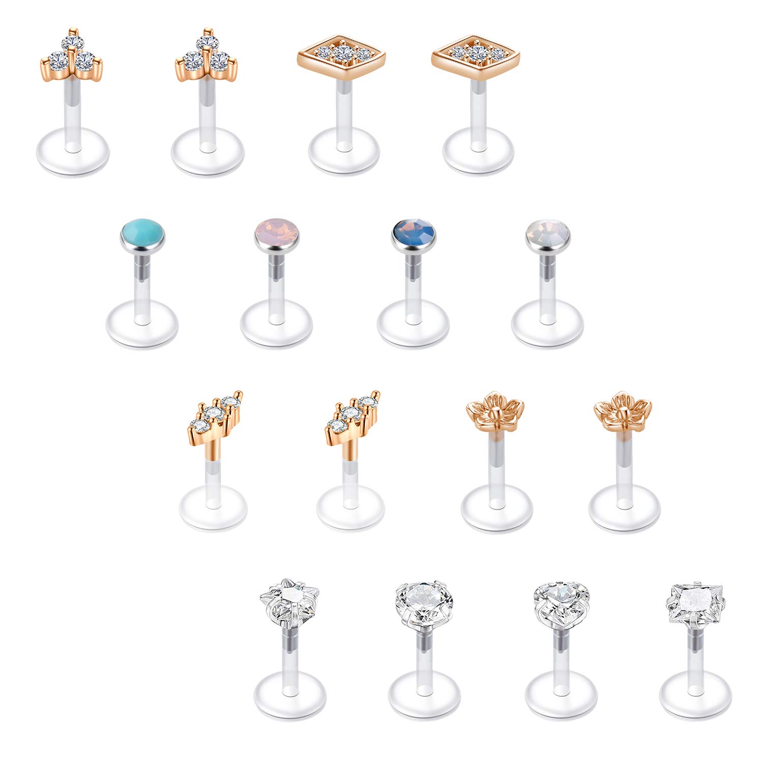 Briana Williams 16G Plastic Tragus Earrings Jeweled Cartilage Helix Earring Retainer Clear Lip Rings Labret Studs Flexible Bioflex Bar Lip Ear Piercing Retainer for Work 16-20pcs