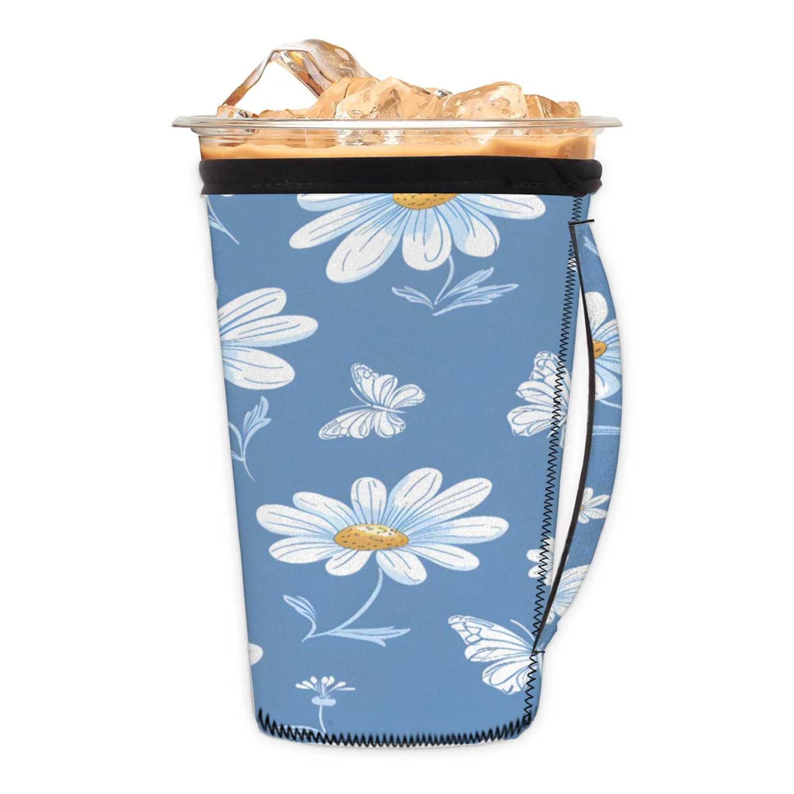 White Flower Butterfly Reusable Neoprene Coffee Sleeve with Handle Insulated Iced Coffee Cup Holder Reduces Condensation Fits 24-28 oz Cups M