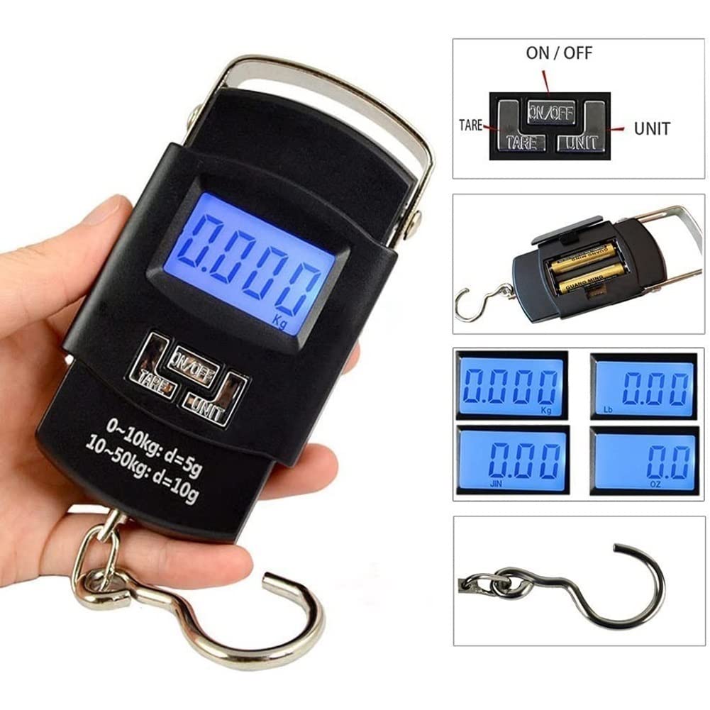 Bilancia Digitale Portatile Per Bagagli WGS Gancio Appendi Valigia 50kg LCD Nera