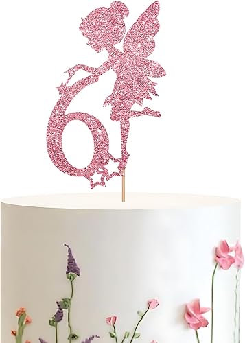 Decoración para pastel de 6 cumpleaños de hadas de color oro rosa, decoración de seis pasteles de hada, decoración de cumpleaños temática de hadas