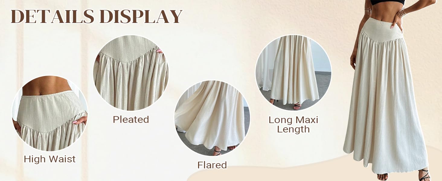 Women's Long Pleated Flowy Maxi Skirt High Waist with Pockets Casual Boho Fashion Style Skirt