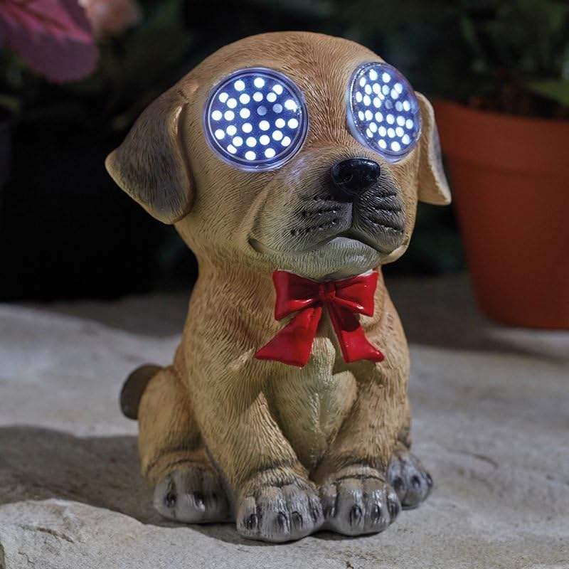 Smart Solar Dog LED Garden Ornament, Solar Powered, Brown Resin, Blinking LED Eyes, Weather Resistant, 13 x 10 x 11 cm