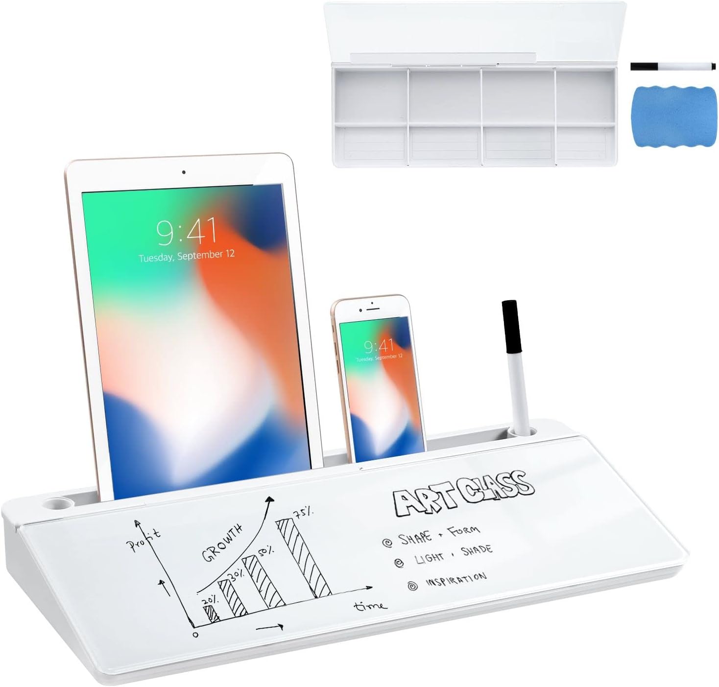 Maxkon Glass Desktop Whiteboard Organiser Dry Erase White Board Memo