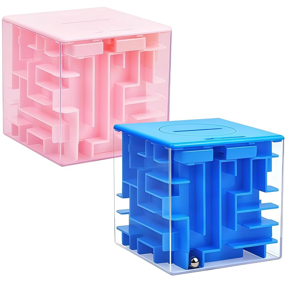 Money Maze Puzzle Box, Logical Challenge Steel Ball Maze Puzzle Cube, Education Sensory Toys Focus Game, Brain Teasers Gifts and Brain Teasers for Adults (Blue and Pink)