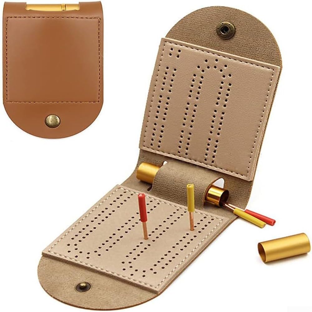 Leather Cribbage Board Travel Game Set with 2 Tracks and 4 Pegs, Compact Folding Design for Camping, Road Trips, and Family Game Nights