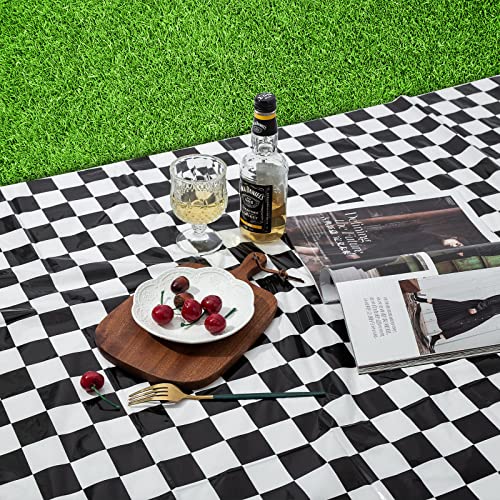 Image of Kesfey 8 Packs Black and White Checkered Tablecovers 54 x 108 Inches Disposable Party Picnic Table Cloth Splashproof Plastic Checkered Tablecovers for Camping Decoration Party Favors