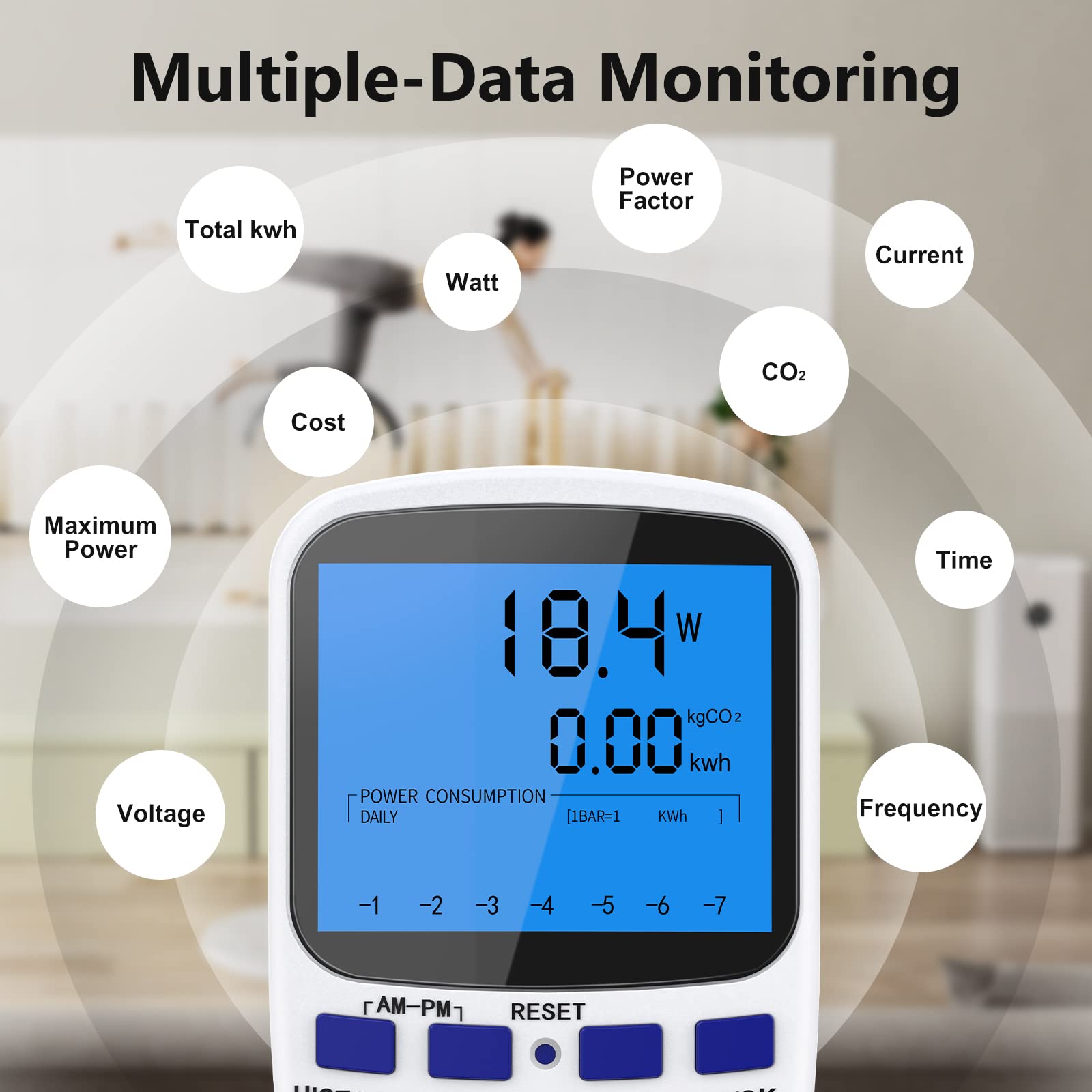 Maxcio Misuratore di Potenza con Doppia Tarrifa, Misuratore Consumo Elettrico Digitale con Protezione da Sovraccarico e Interruzione di Corrente, Display LCD Retroilluminato 180° Leggibile. Max 3680W