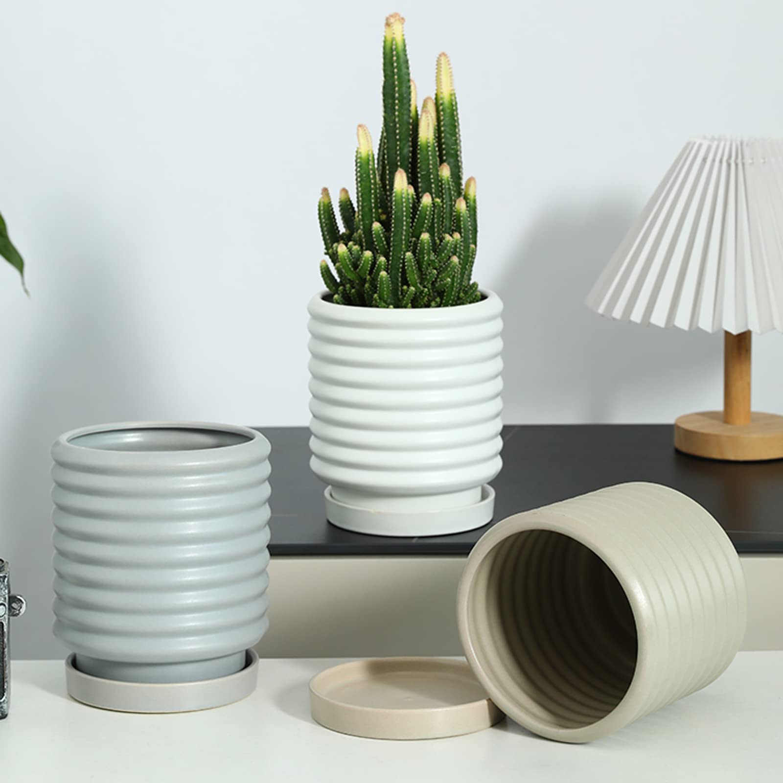 Vasi da Giardino Vaso da Fiori in Ceramica, Vaso per fioriera con Filettatura a Vite, Decorazione per Interni ed Esterni con Fori di drenaggio e piattini per Balcone, Giardino e Patio
