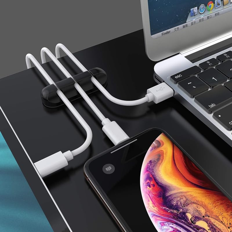 Miniatura 2 de Paquete de 3 clips de silicona para cables, organizador de cables USB, soporte para cables para mesita de noche de escritorio (3 ranuras), 3 negro