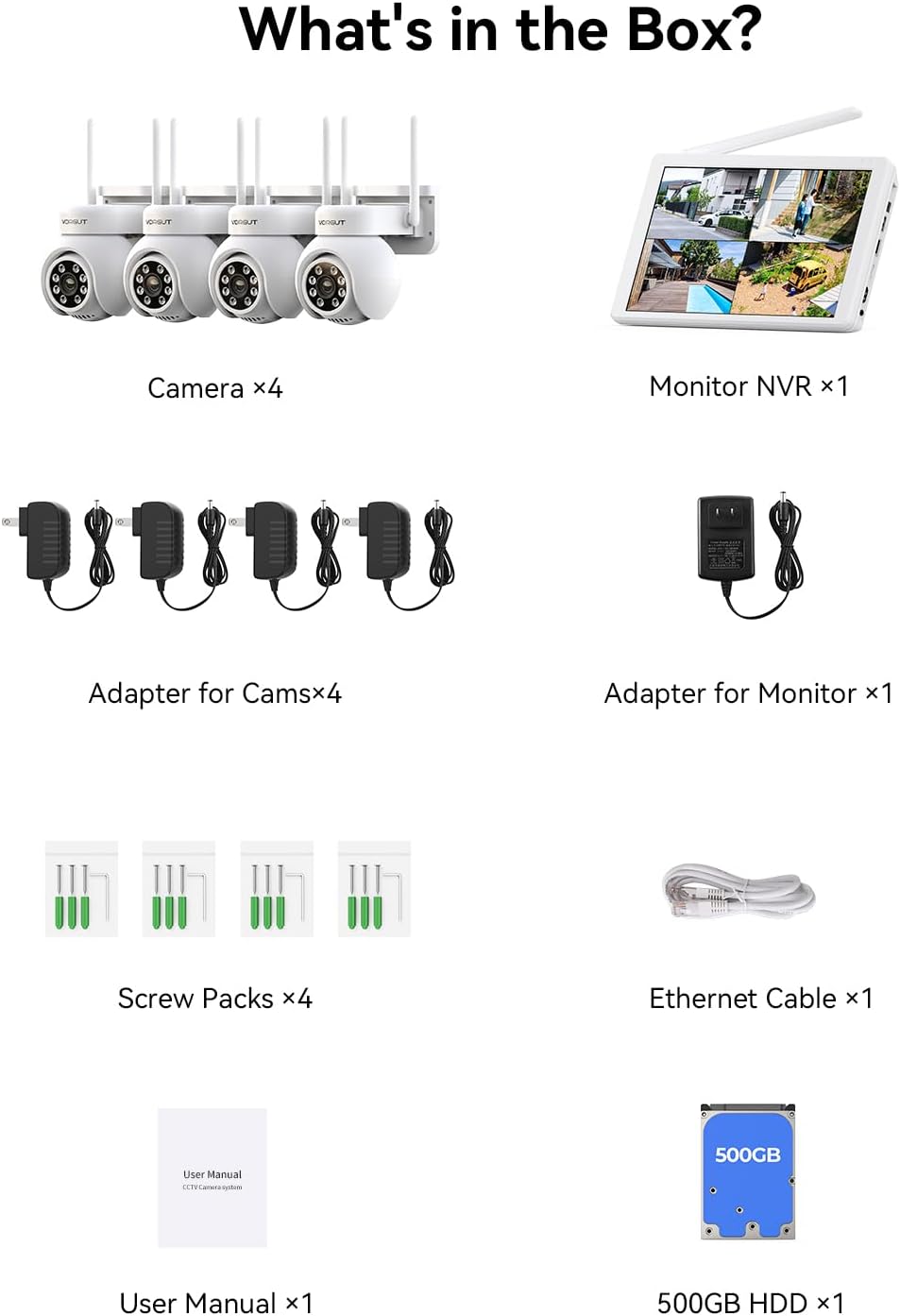 Wireless Security Camera System, 4PCS 3MP PTZ Outdoor Camera for Home Surveillance, 10CH 10 inch LCD Monitor NVR with 500G HDD, Auto Tracking,Human Detection,Color Night Vision,No Monthly Fee