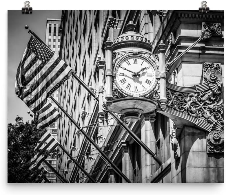 12x16 Inch Chicago Artwork Wall Decor: Unframed Photo Paper Print, Macys Marshall Fields Clock Poster, Black and White Artwork, Print Gift for Men Women