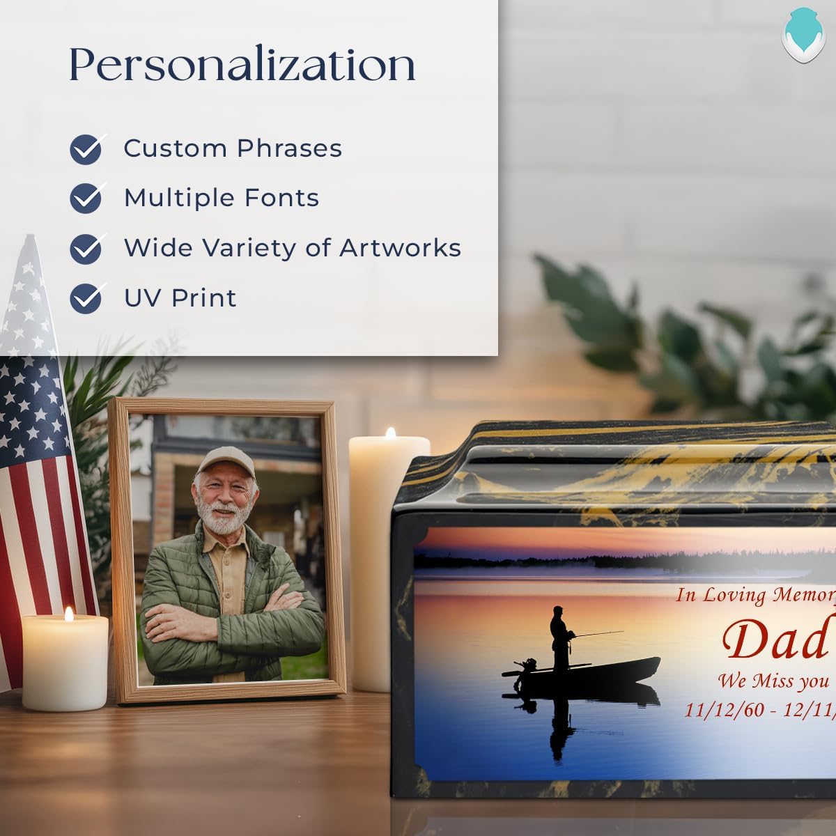 GetUrns Cultured Marble Urn Vault by Mackenzie with Personalized Fishing and Text for Human Ashes I Black & Gold Adult Urns for Male and Female I 210lbs