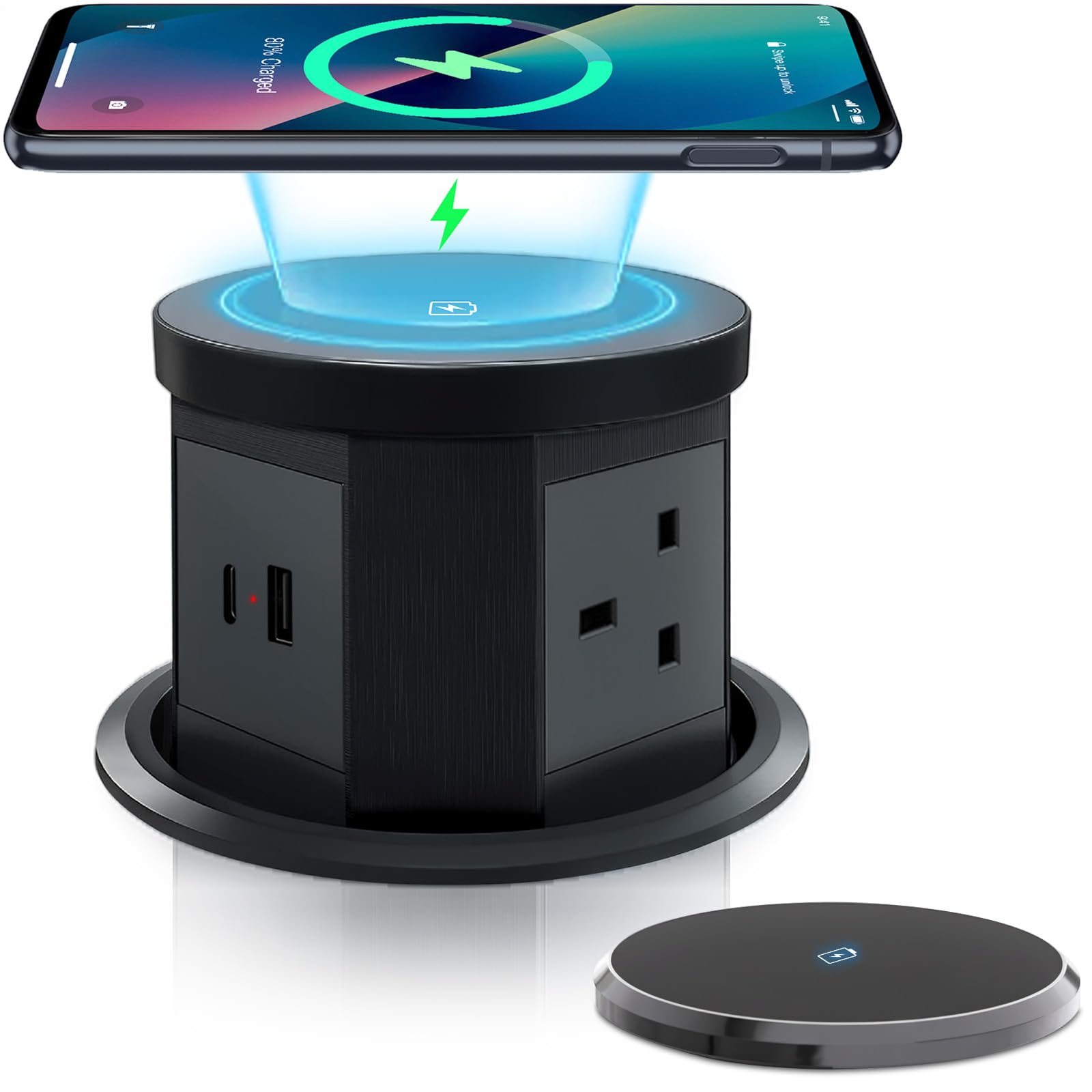 Pop up Socket for Kitchen Worktops, 15W Wireless Fast Charger, 3 UK Plugs 1 USB & 1 Type C Port, Automatic Hidden Socket, for Home Office Kitchen