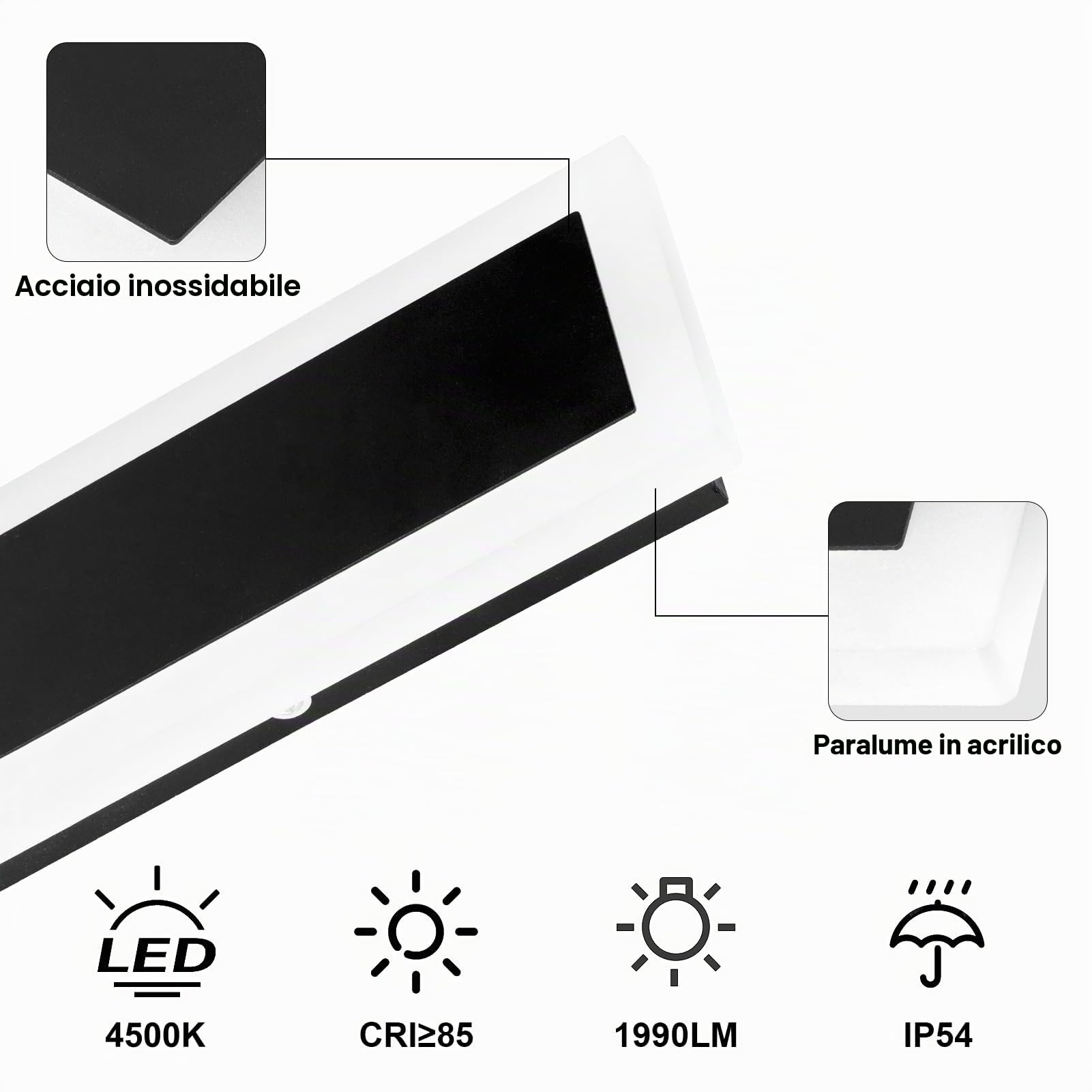 Klighten Applique Esterno LED 60CM/20W Bianco Naturale 4500K, Nero