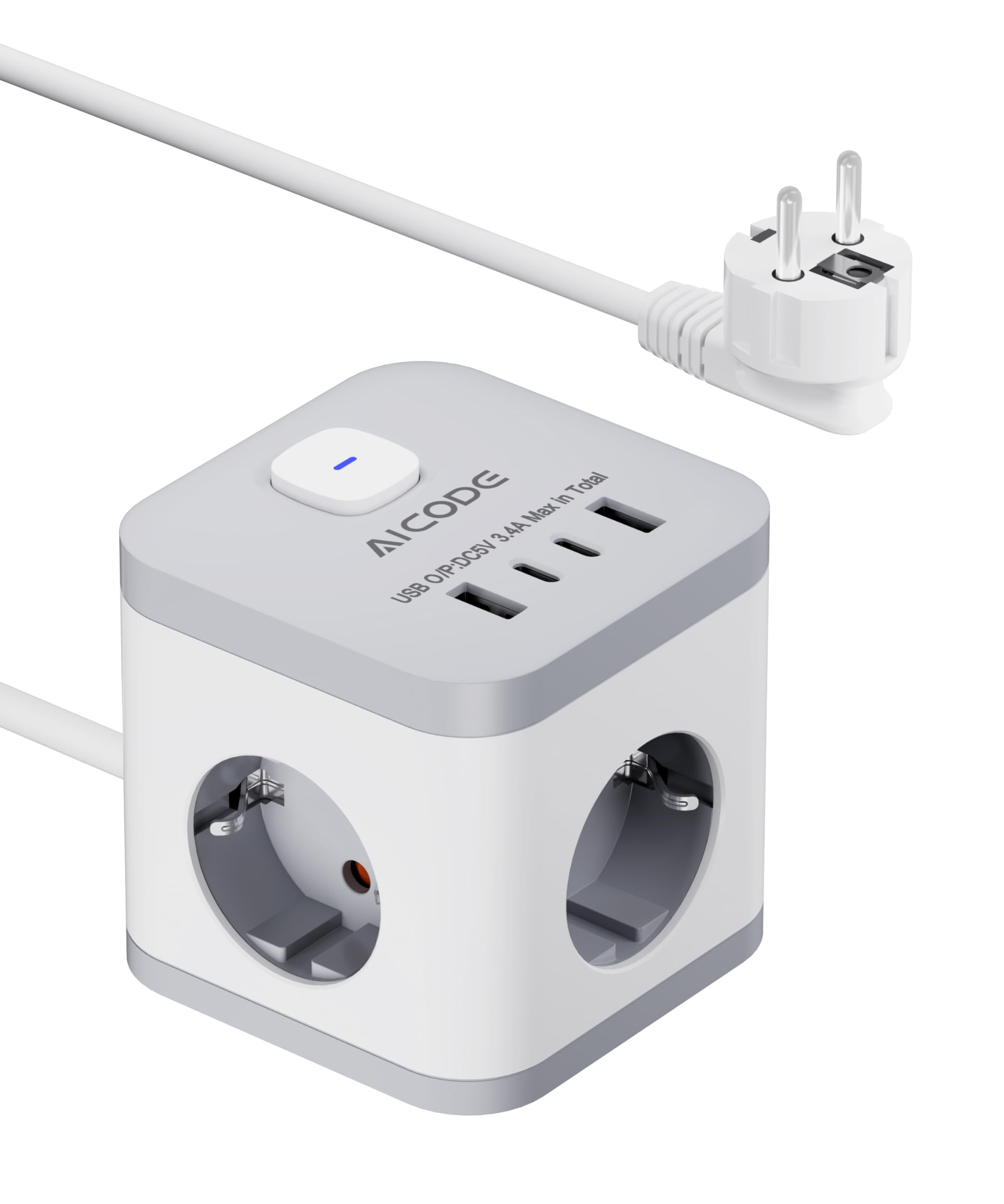 AICODE Steckdosenwürfel 3-Fach 3680W mit 4 USB (2X USB-C) & Kindersicherung - Steckdosenleiste mit Schalter, 2m Kabel, kompakt & tragbar für Zuhause, Büro, Reisen
