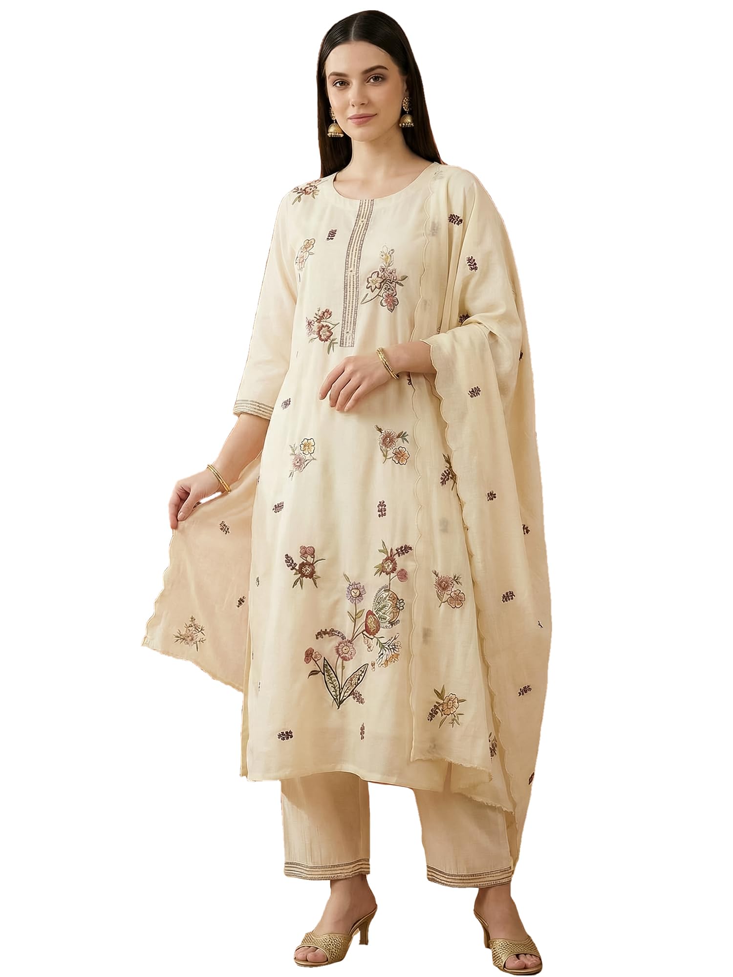 indo era Women's Silk Blend Floral Embroidered Straight Calf Length Kurta & Pant with Dupatta Set (IEAI12434)-picture-45